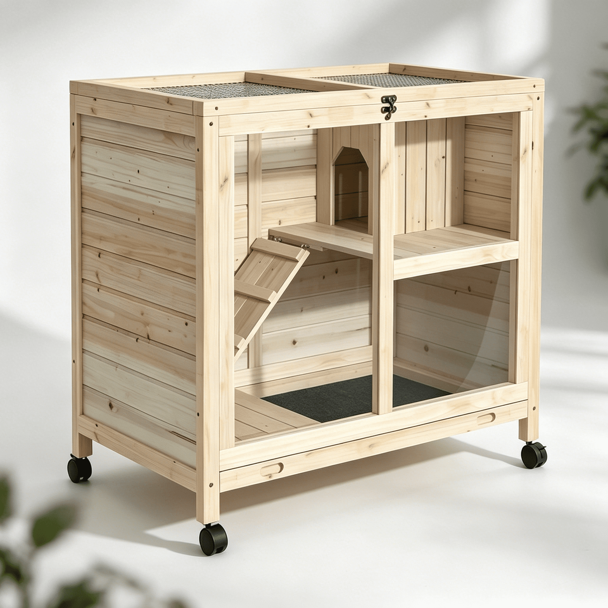 JERFIT 2-Story Rabbit Hutch with Wheels, Spacious Wooden Bunny Cage with Plexiglass Window, Easy-Clean Tray, Waterproof Paint for Indoor Pet House