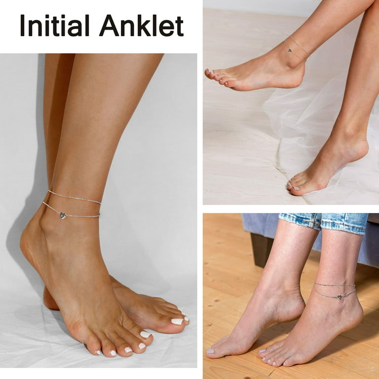 Bestyle Initial Heart Anklet Bracelets for Women Letter D Stainless Steel Ankle Double Layered Chain Summer Feet Jewelry for Mom Daughter