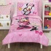 Disney Minnie Mouse 4 Piece Bedding Sets, Toddler Bed with Comforter, Fitted Sheet, Flat Top Sheet, Pillowcase