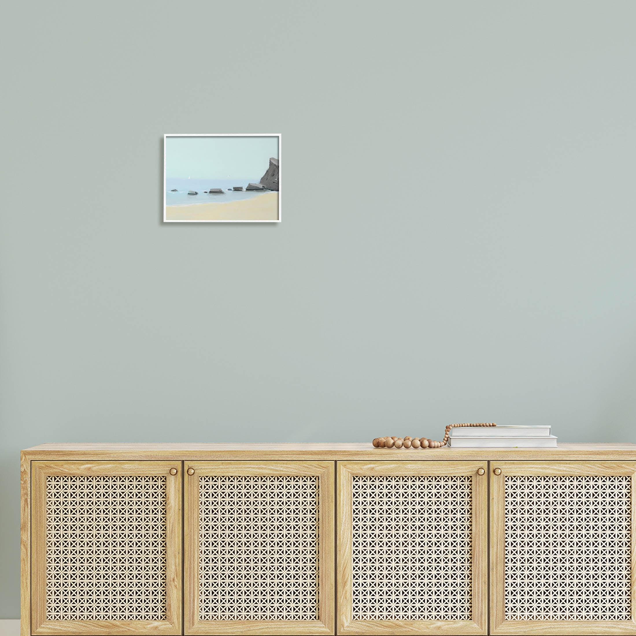 Calm Beach Shore Rocks Coastal Graphic Art White Framed Art Print Wall Art