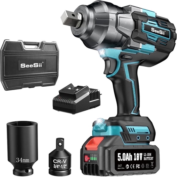 SEESII Cordless Impact Wrench 3/4" 1180FT-LBS(1600N.m) High Torque Brushless Electric Impact Gun with 18V 1x5.0Ah Battery