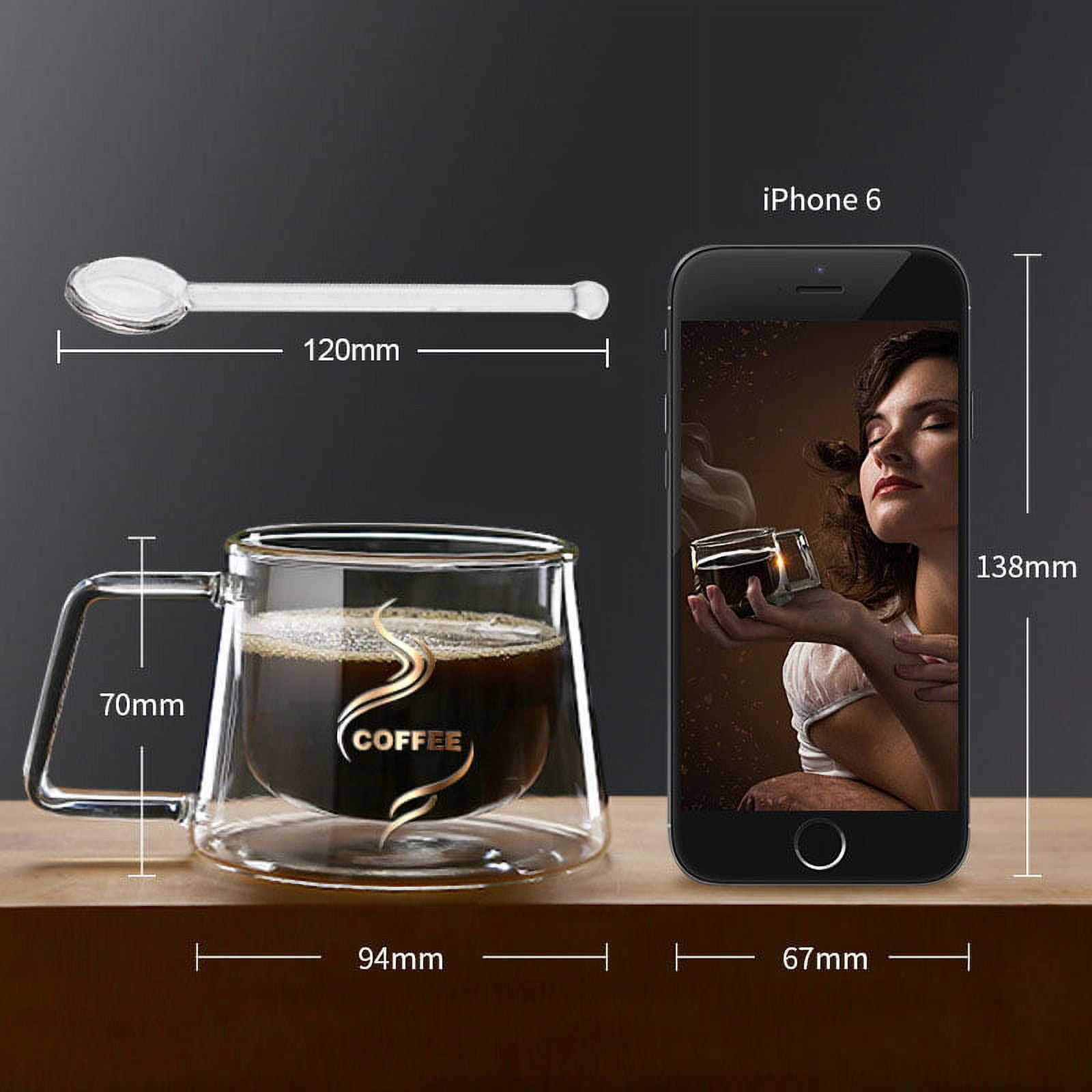 2 Pcs Coffee Mug Clear Glass Coffee Cups 6.8 oz with Handles & Spoon for Hot and Cold Beverages - Cappuccino, Latte, Tea Cup. Crystal Clear Glass Cups, Espresso Coffee Gifts