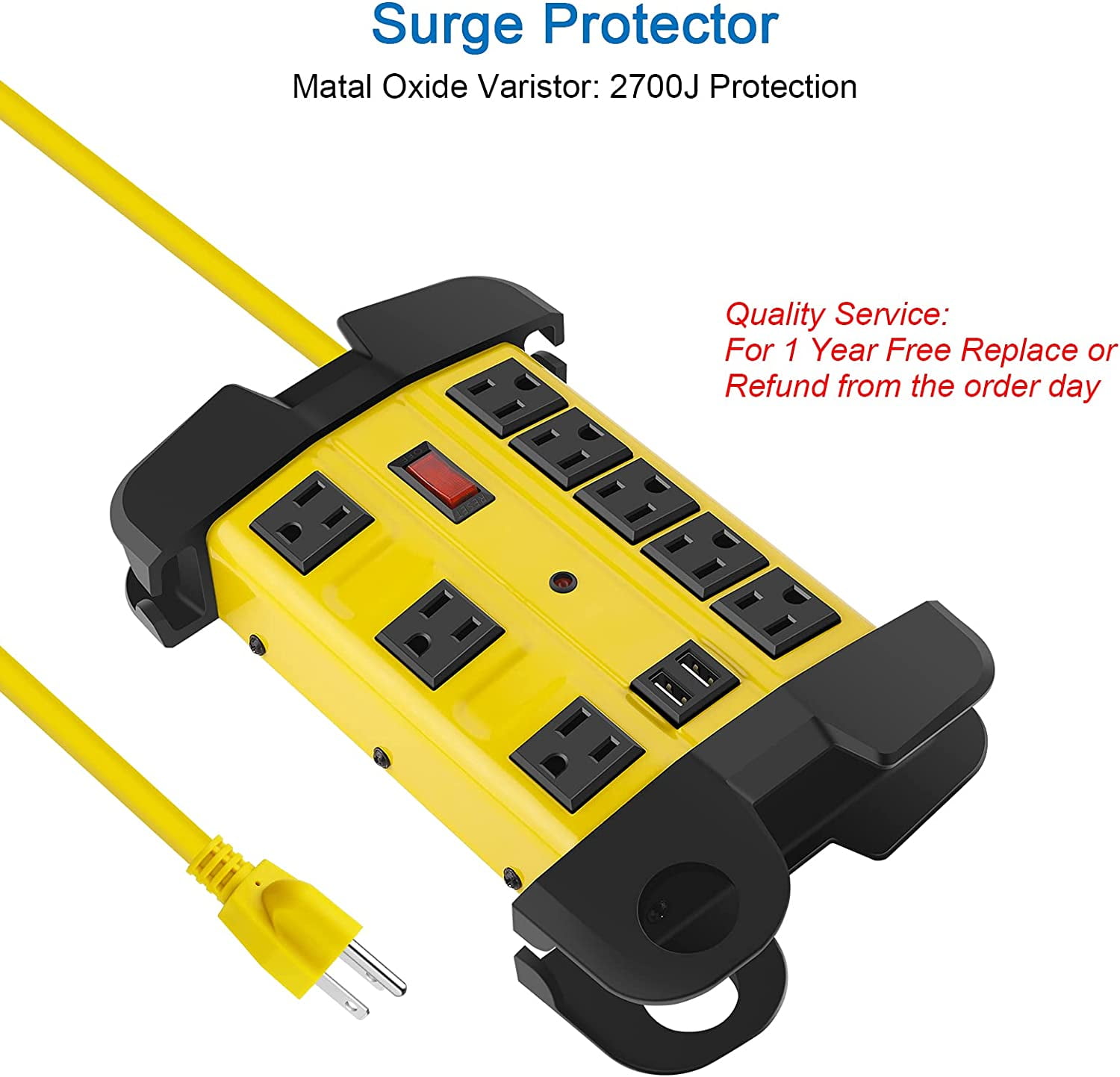 RGHJAR-Heavy Duty Power Strip with USB, Workshop 8 Outlet Surge Protector 2700 Joules, Industrial Metal 15Amp Power Strip, 6FT Extension Cord and Wide Spaced. Yellow