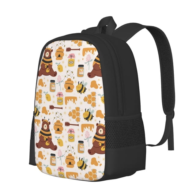 Xecao Mignon Pot de Miel d'Abeille Ours Ruche pour Sac à Dos pour École Voyage Randonnée avec Sangles Réglables Grande Capacité et Poches Latérales en Maille