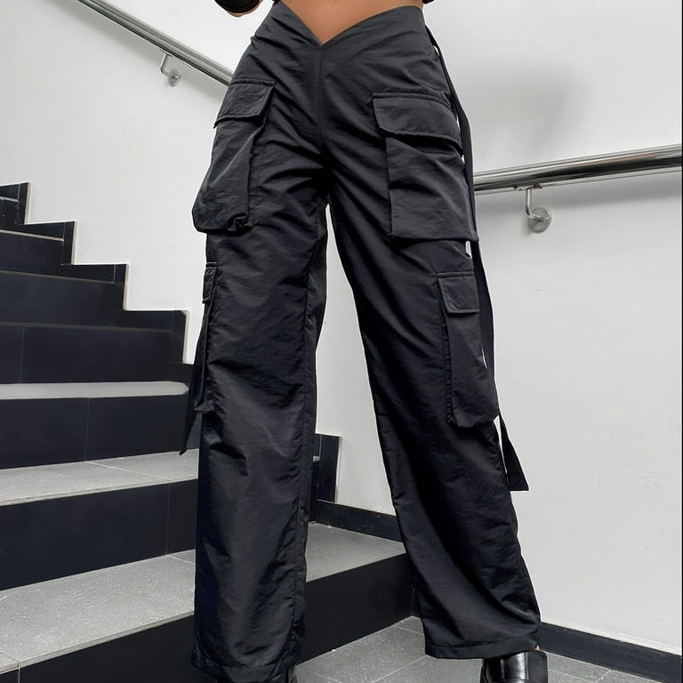 Cargo Pants for Women Baggy Low Waisted Y2K Parachute Wide Leg Straight  Sweatpants with 6 Pockets Juniors Trendy Plus Size Elastic Waist Hippie  Cargos Clothes Black Cargo Pants Woman at  Women's