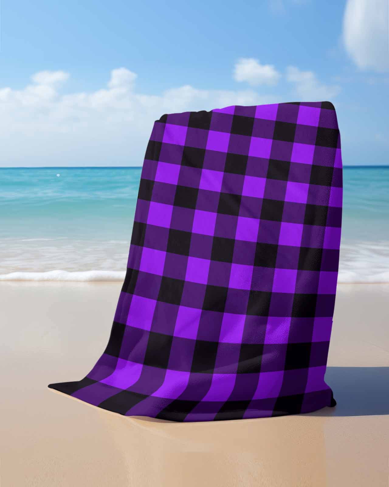Black Purple Plaid Beach Towels Oversized Super Absorbent, Farmhouse Simple Buffalo Checked Lightweight Bath Towel Quick Dry Sets For Bathroom/Pool/Rv Camping/Beach Play/Gym Room/Picnic 31"x62"