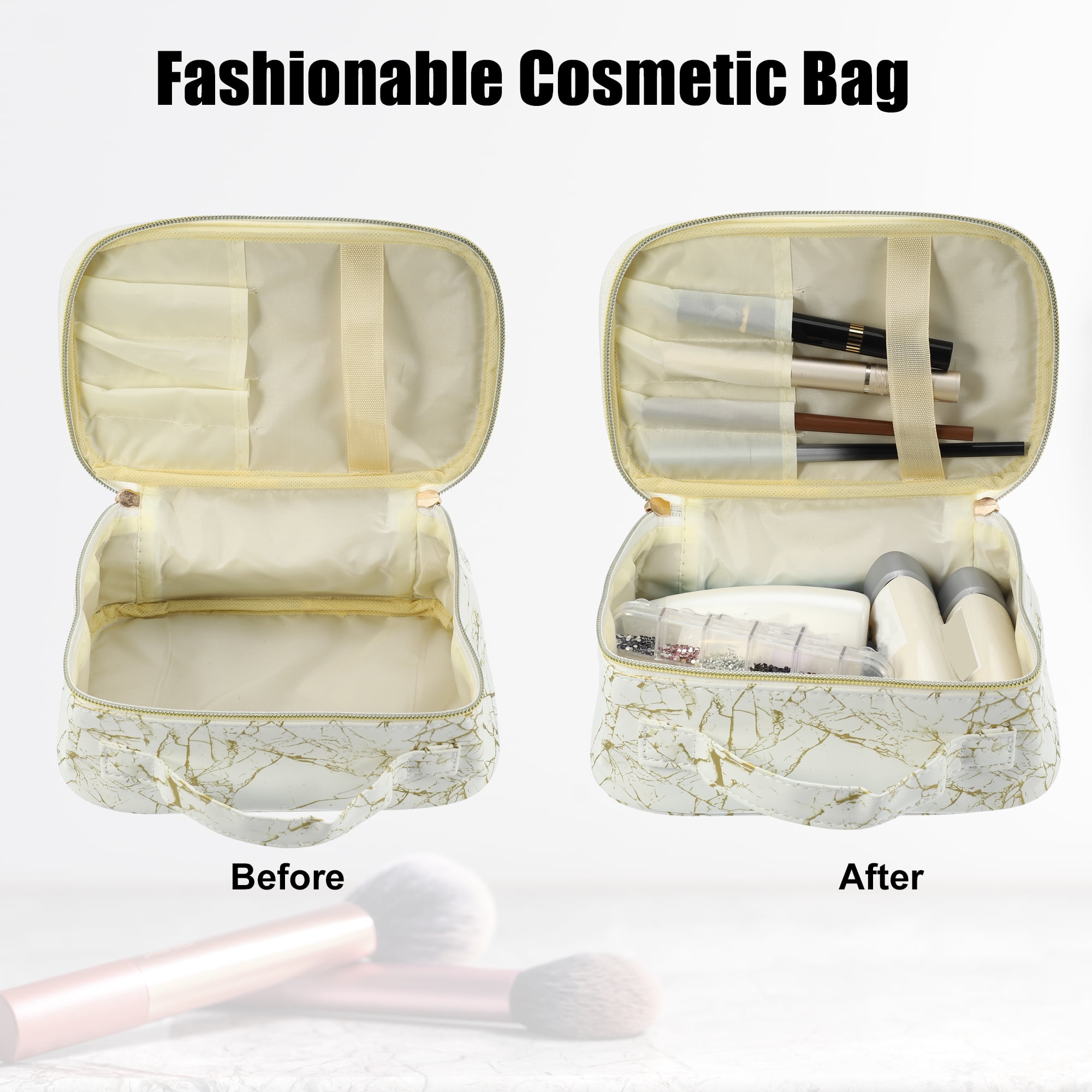 Unique Bargains Floral Makeup Bag Zipper Flower Cosmetic Pouch White, Gold Tone