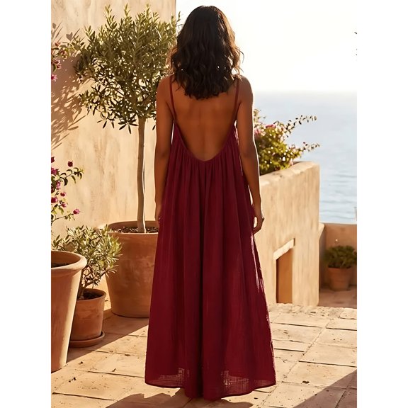 Burgundy Spaghetti Strap Open Back Flowy Maxi Sundress For Summer Beach Vacation