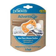 Dr. Brown's Advantage One-Piece Silicone Baby Pacifier, Fully Symmetrical Soother, Blue/Light Blue/Orange, 6-18m, BPA Free, 3 Pack