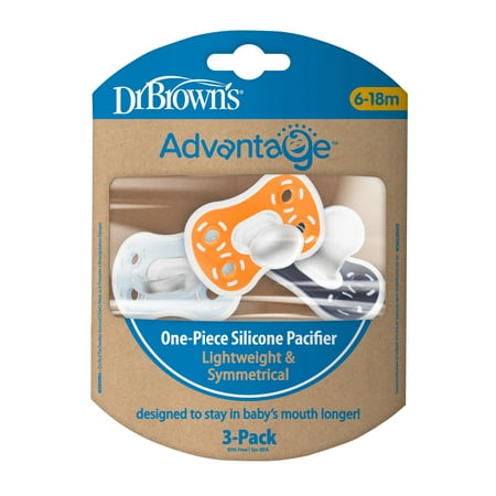 Dr. Brown's Advantage One-Piece Silicone Baby Pacifier, Fully Symmetrical Soother, Blue/Light Blue/Orange, 6-18m, BPA Free, 3 Pack