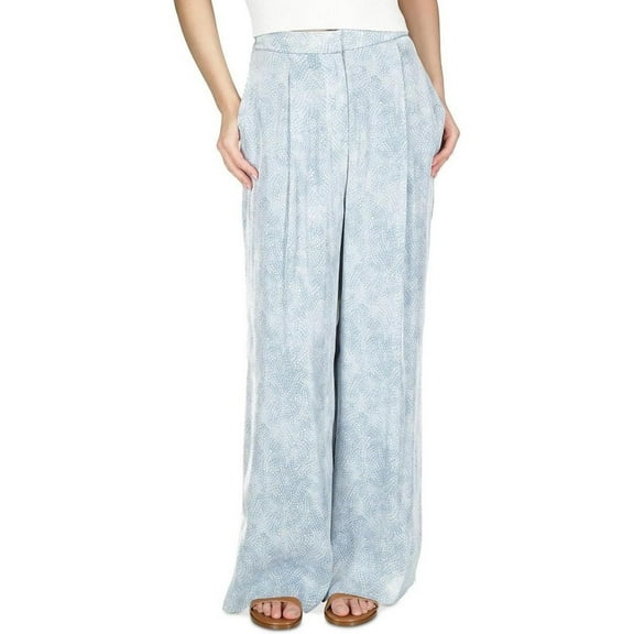 Michael Kors Womens Petites Satin Pleated Wide Leg Pants, Chambray, P/XL
