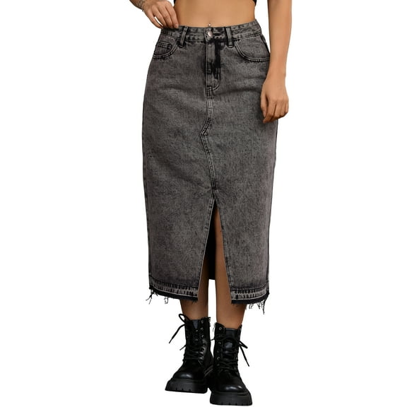 INSPIRE CHIC Women's Jean Slit Raw Trim Hem High Waist Stretchy Midi Pencil Long Denim Skirt S Black