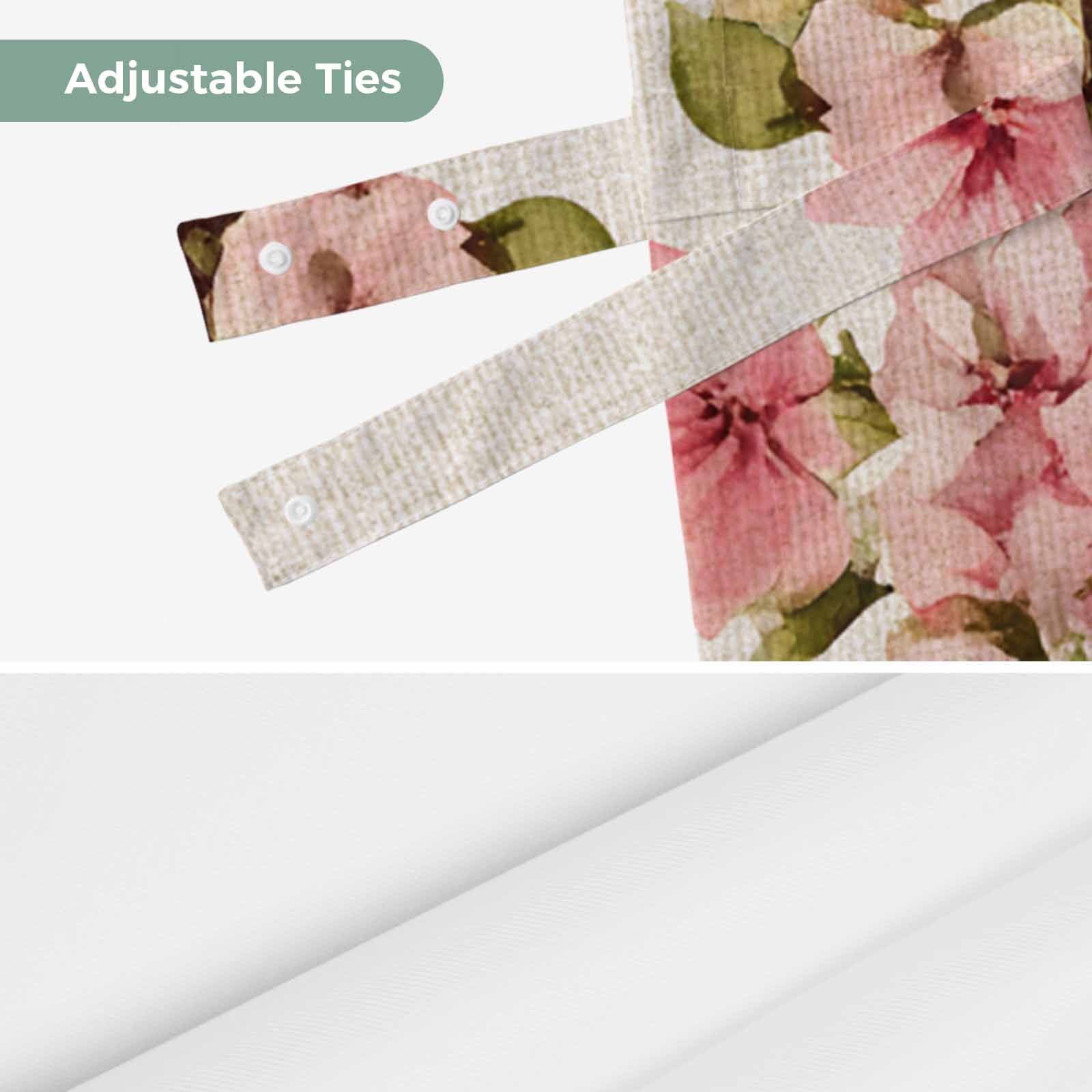 Spring Floral Tie Up Valance for Windows, Pink Flowers Green Leaves Linen Texture Adjustable Rod Pocket Tie Up Valance Curtains Window Treatment for Kitchen Bathroom Bedroom 60 X 18 Inch