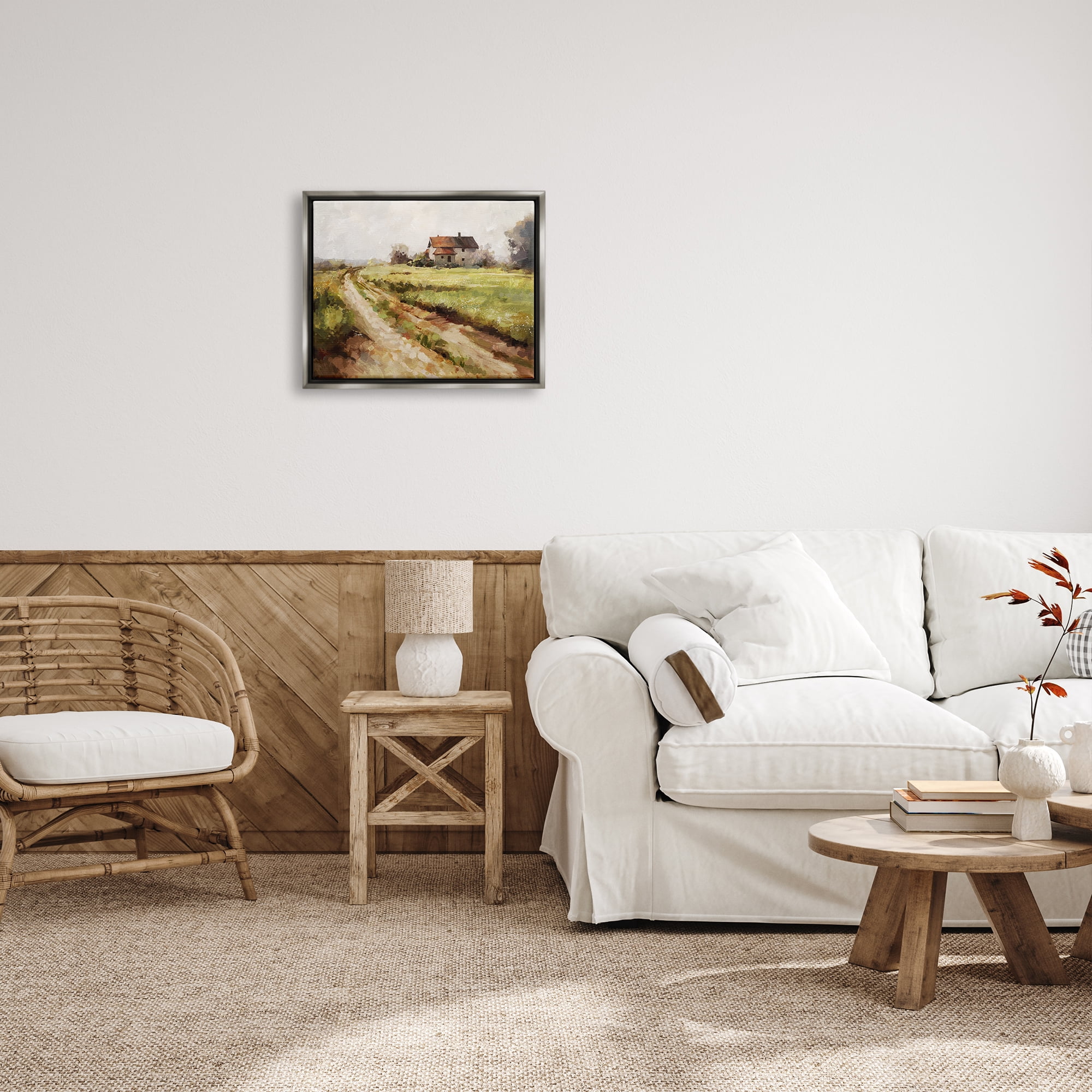 Stupell Industries Country Path to Barn Landscape Painting Gray Floater Framed Canvas Art Print Wall Art, 21 x 17