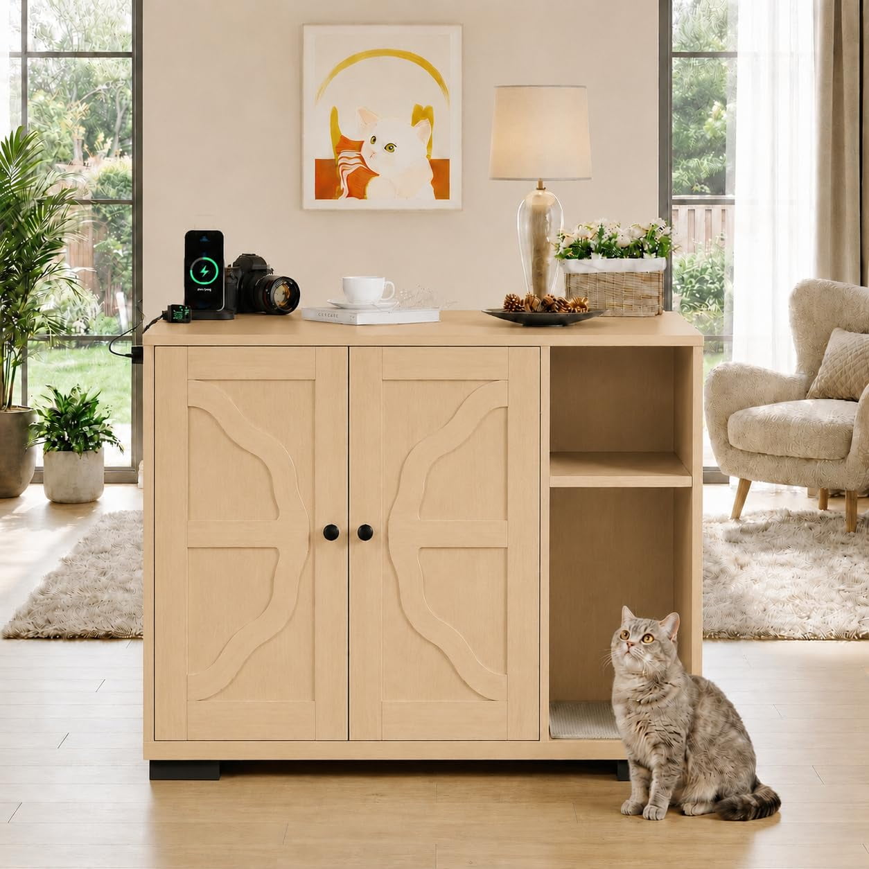 Large Dog-Proof Cat Litter Box Furniture Pet Cabinet with Side Outlet and Long Power Cord
