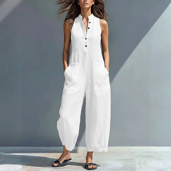 Linen Jumpsuits for Women Sleeveless Casual Stand Collar Button Loose Wide Leg Romper,Summer Linen Blend Jumpsuits for Women(White,S)