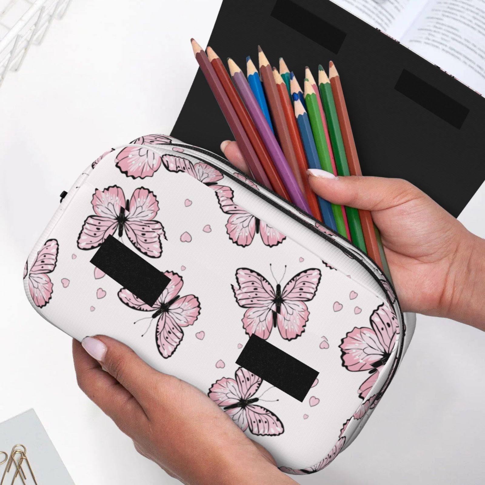 Rateoe Butterflies (2) Pattern Double Clamshell Pen Case, Storage Organizer with Two Zipper Compartments– Holds Up to 50 Pencils & Pens