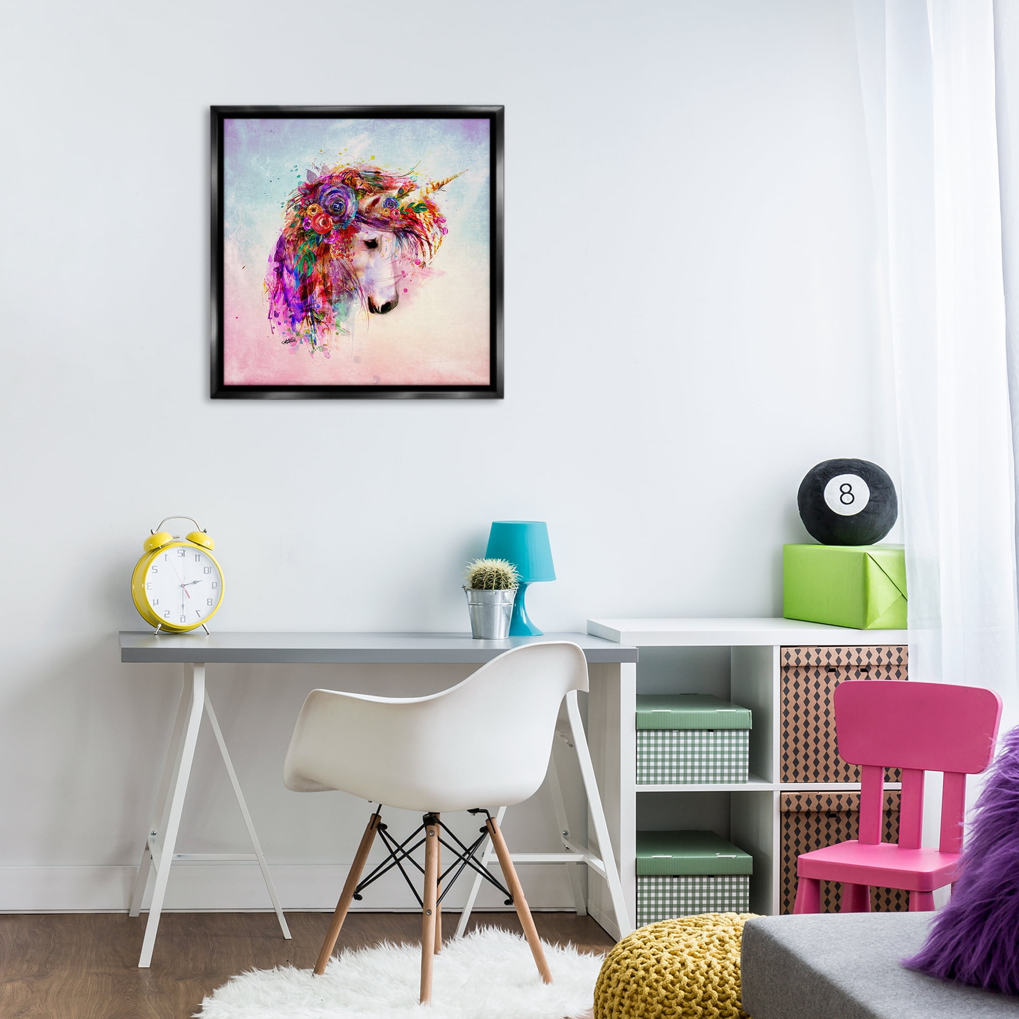 Stupell Industries Abstract Unicorn with Florals Fantasy & Sci-Fi Painting Black Floater Framed Canvas Art Print Wall Art, 25 x 25