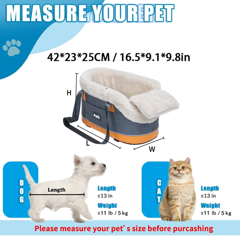 Center Console Dog Car Seat for Small Dogs & Cats, Elevated Plush Pet Car Seat with Safety Leash, Washable Carrier, Fits Front Vehicle Console (Up to 10 lbs, Cream White)