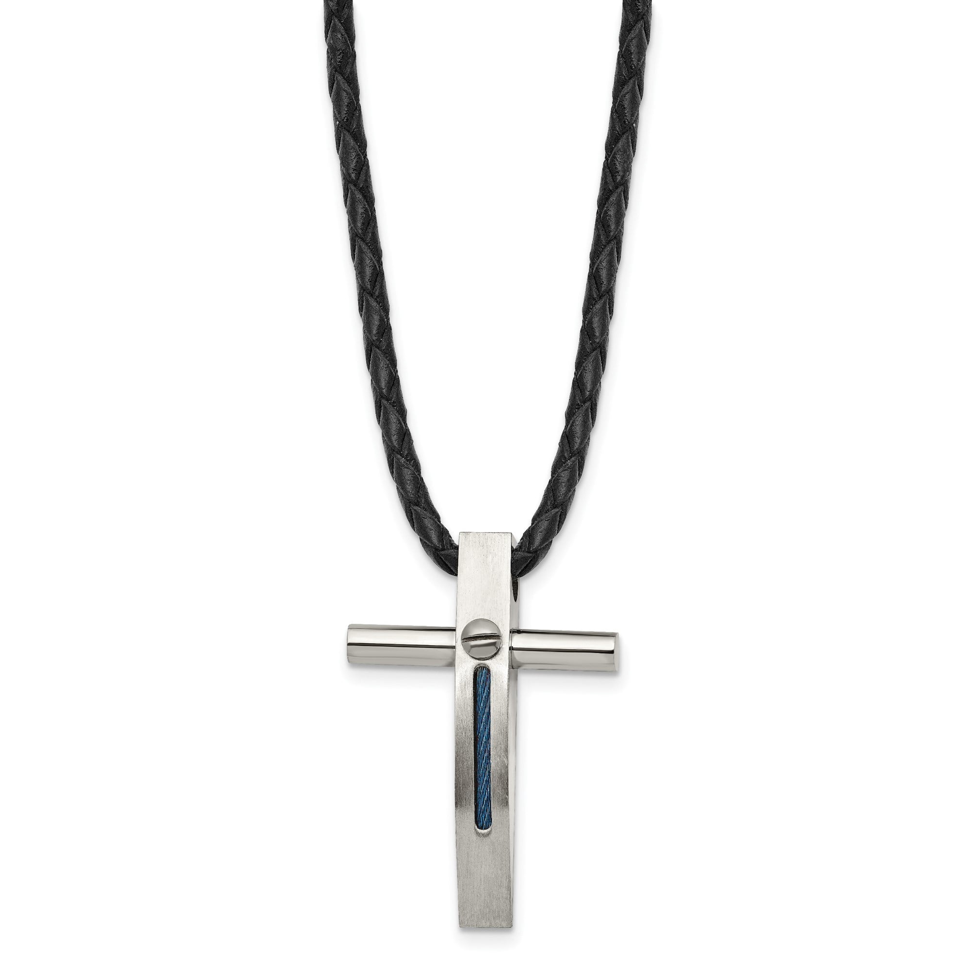 Stainless Steel Religious Cross Pendant Necklace with Blue Inlay, 18 in Leather Cord