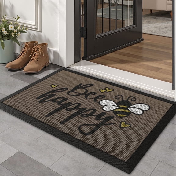 FRABE Non Slip Outdoor Door Mat Waterproof Rubber Entrance Doormat Low Profile Easy Clean Welcome Mats with Bee Happy Design 17"x30"