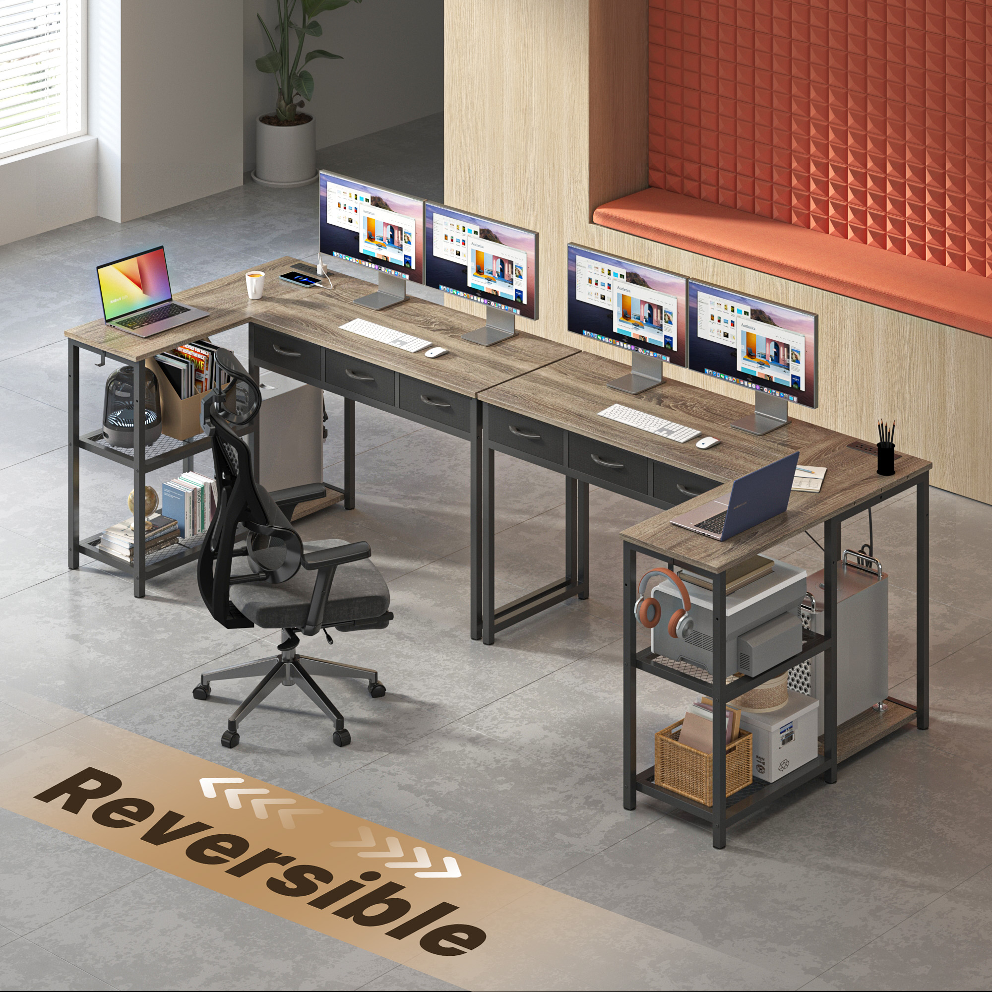 Asofer 53" L Shape Computer Desk, Gaming Desk for Home Office, Christmas Gift with 3 Drawers, Open Shelves & Integrated Power Outlet, Gray