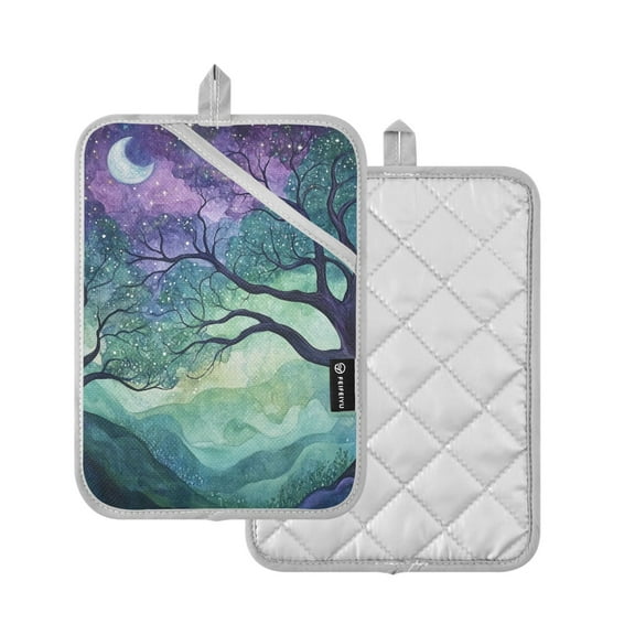 Yayeee Pot Holders Kitchen Heat Resistant with Pocket 7"x9.8" Cotton Oven Cooking Hot Pads, Moonlight Forest