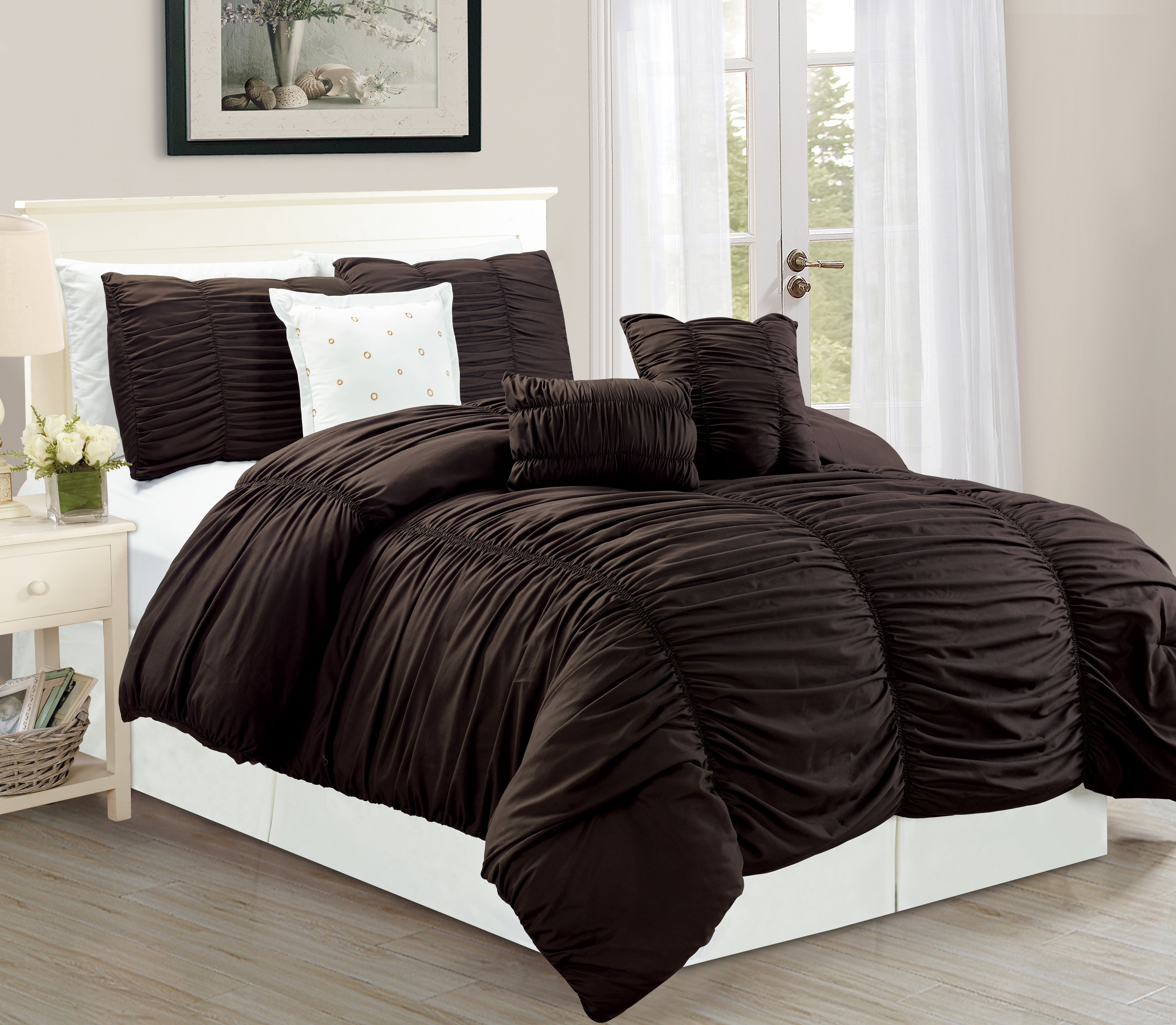 Luxury 7 PC 7 PCS Mocha Brown Micro Suede Bed In A Bag Comforter Set  New. 