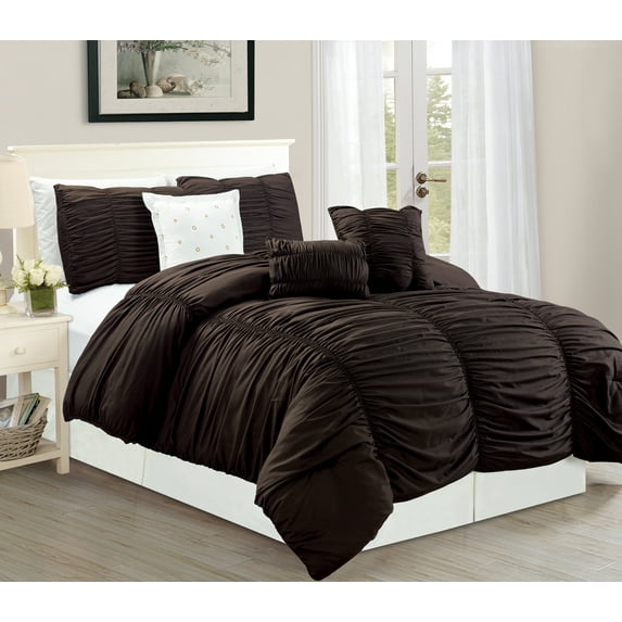 WPM 7 Piece Royal Chocolate Brown Ruched comforter set Elegant bed in a bag Luxurious Queen Size Bedding