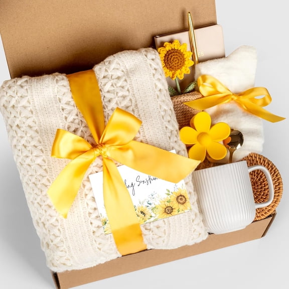 iMucci Sunflower Birthday Gift Set for Women - Boxed Collection with Cozy Blanket, Ceramic Mug, Notebook, Socks, Pens & Coasters, Greeting Card, Decorative Flower, Stainless Spoon for Her Special Day