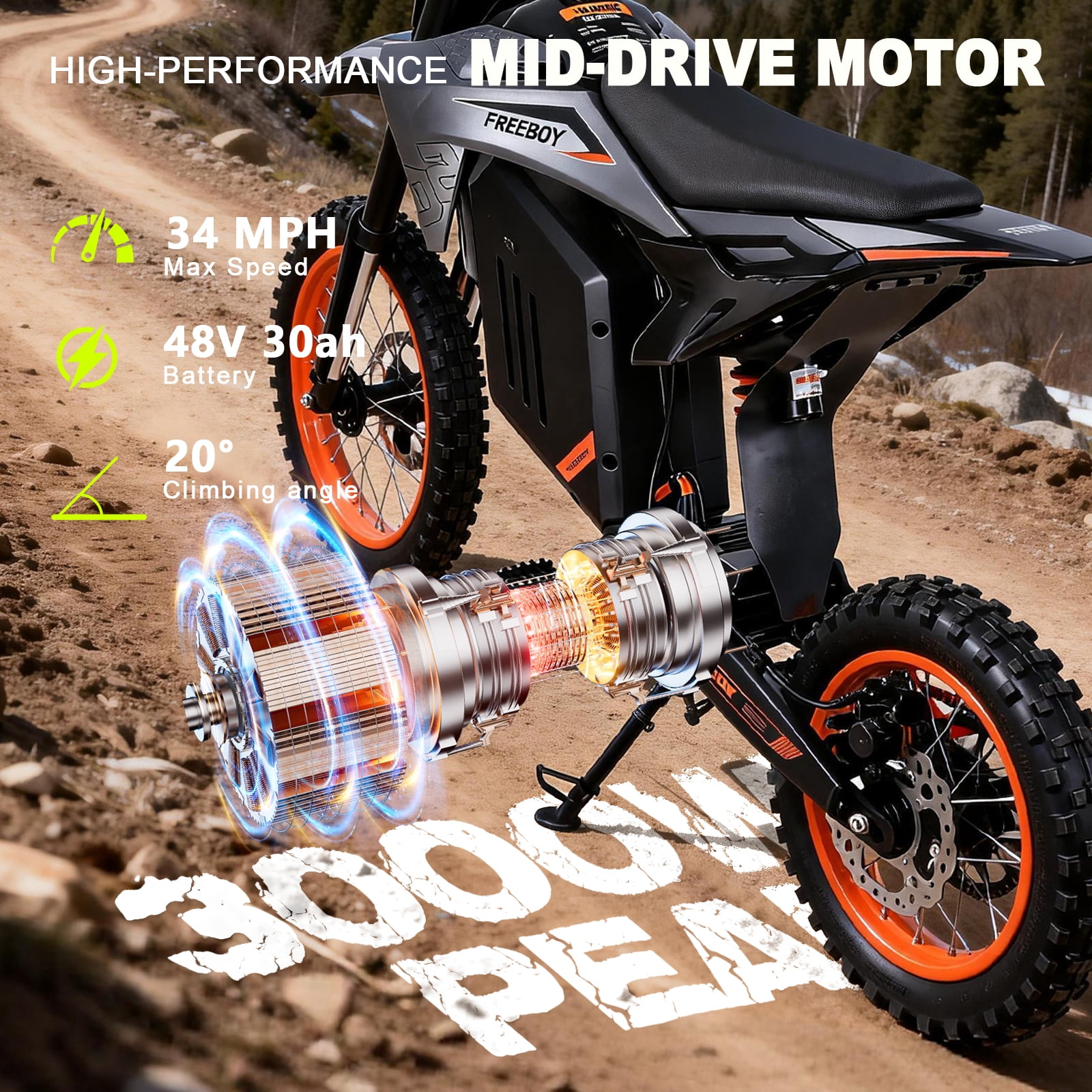 Electric Dirt Bike for Adults, 3000W Peak Mid-Motor Off-Road Motorcycle, 48V 30Ah Battery, Max 34MPH Speed, 14" Tires, Full Suspension, UL 2272 & UL 62133 Certified, Black/Orange