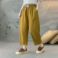 thumbnail image 3 of Lovskoo Womens Drawstring Elastic Waisted Pants Solid Color Wide Leg Straight Leg Baggy Long Pants Trousers with Pockets Yellow, 3 of 4