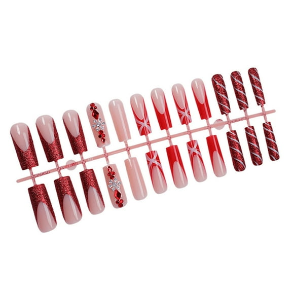 24pcs Christmas Press on Nails Square False Nails Long Acrylic Nails French Tip Winter Artificial Nails for Hliday Party