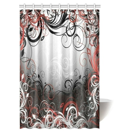 MYPOP Red and Black Shower Curtain, Mystic Magical Forest Inspired Floral Swirls Leaves Fabric Bathroom Shower Curtain, 48 X 72 Inches