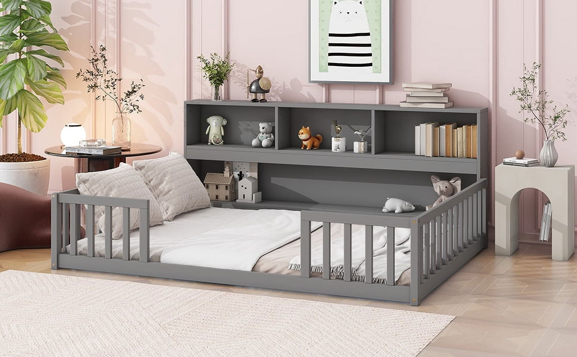 Mirightone Full Size Floor Bed with Rails, Wood Montessori Floor Bed with Bookcase and Shelves, Full Bed Frame, Gray