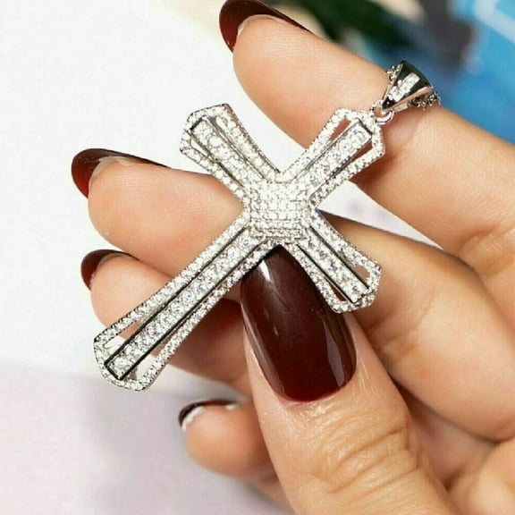 2Ct Lab Created Diamond Cross Pendant 14K White Gold Over Free Chain