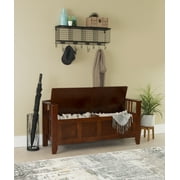 Linon Brandt Rubberwood Split Seat Slatted Back Storage Bench in Walnut Brown