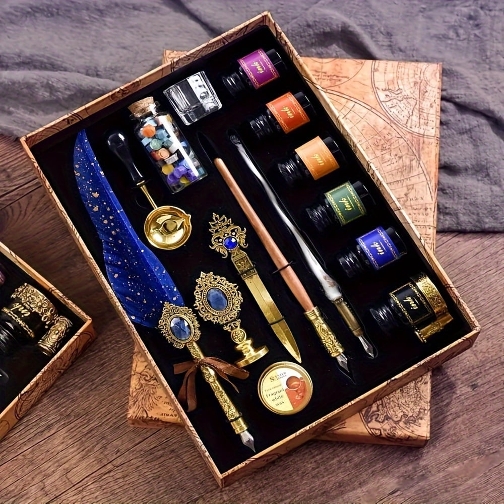 Halloween Vintage Quill Pen Set Calligraphy Glass Dip Pen Feather Pen Wax Seal Kit Multifunctional Letter Opener Reusable Writing Pen Ideal