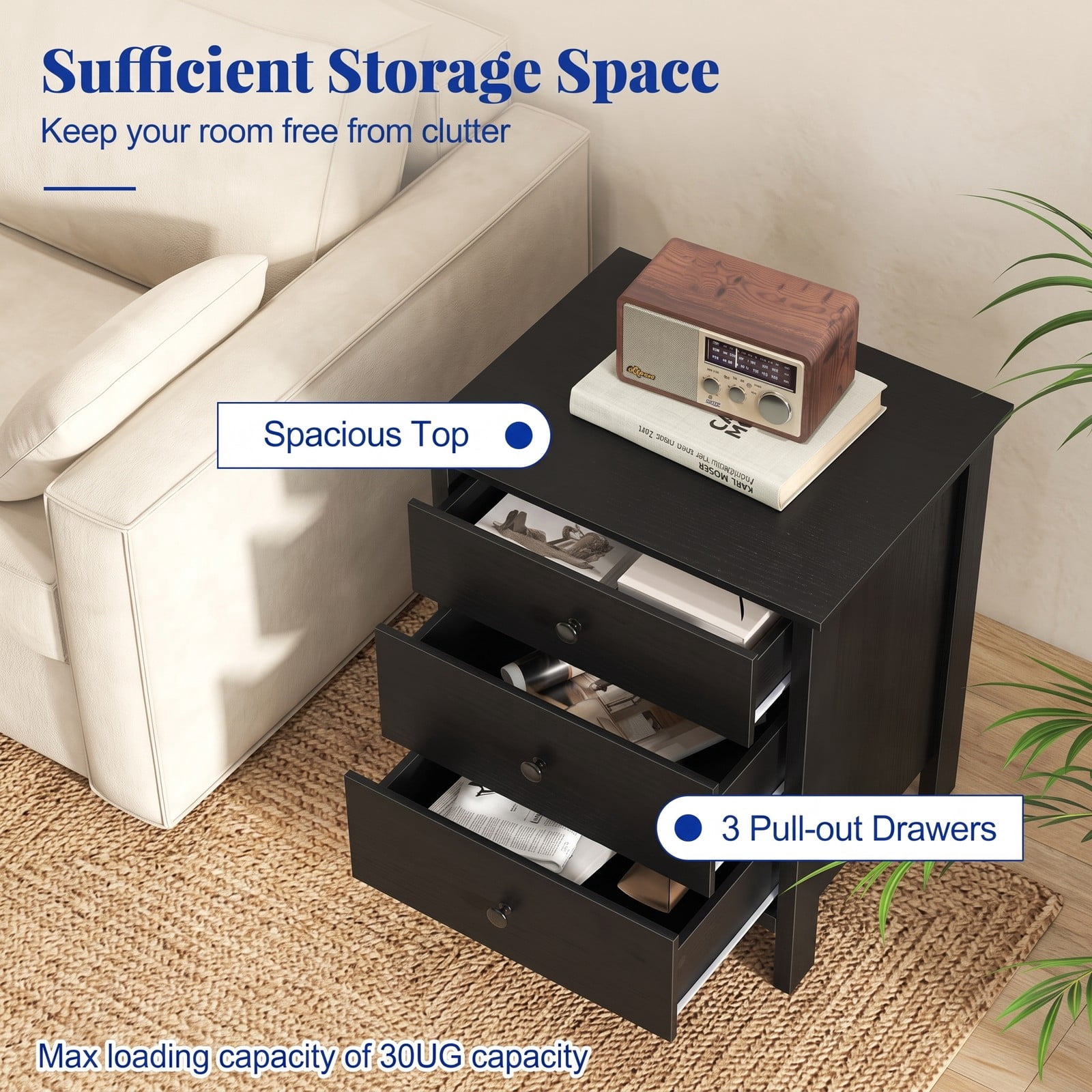 Furnibear 3-Drawer Wooden Nightstand with Wide Tabletop and Smooth Metal Slides for Bedroom Living Room and Study, Black
