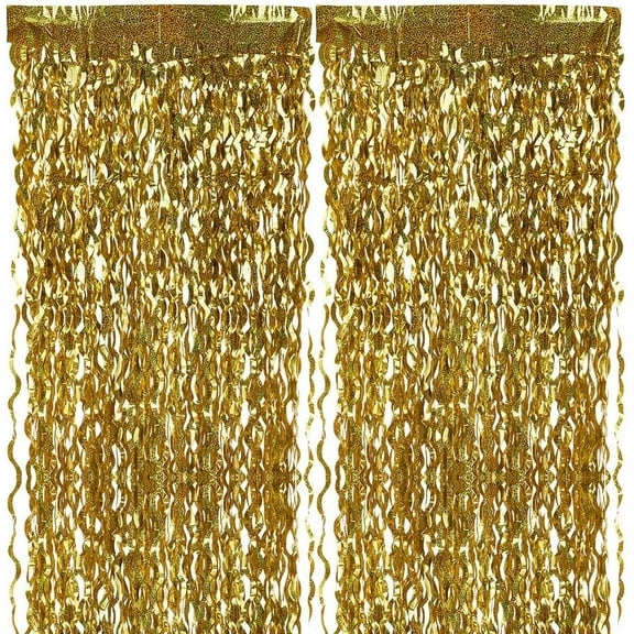 4 Pack Foil Fringe Curtain Backdrop Gold Metallic Wavy Tinsel Foil Fringe Curtains Streamers Photo Booth Backdrop for Birthday Wedding Christmas Holiday Celebration Party Decor 3.3x6.7FT 4pcs