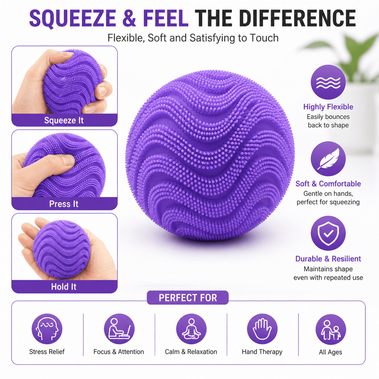 Silicone Stress Ball, Textured Squishy Squeeze Ball for Desk, Office, Home and Everyday Focus