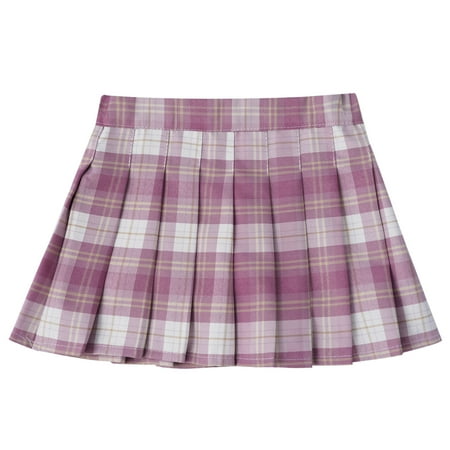 Aislor High School Youth Junior Girls Elastic Waistband High Waisted Pleated Grid A Line Skater Tennis Skirt 5-14 Pink 9-10