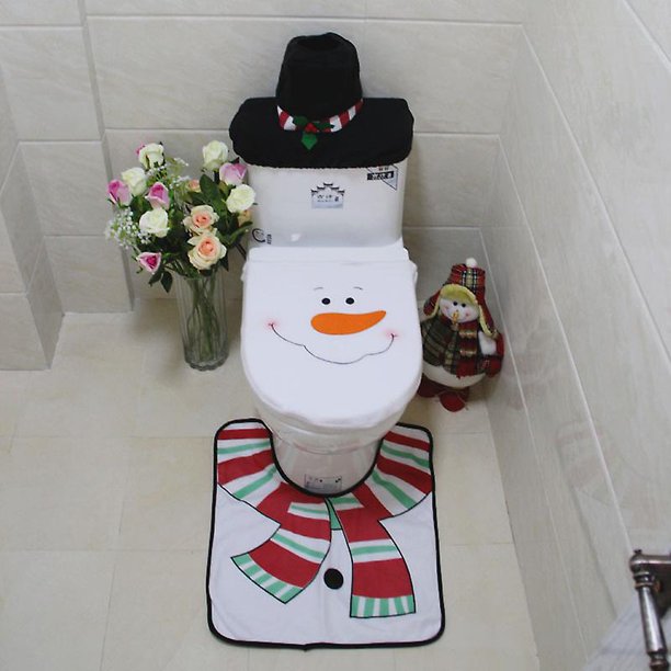 Funda de asiento de inodoro navideña, diseño de muñeco de nieve de 3 piezas con funda de asiento, tapete, tela y funda de cojín de felpa para asiento de inodoro para accesorios de fiesta navideña.