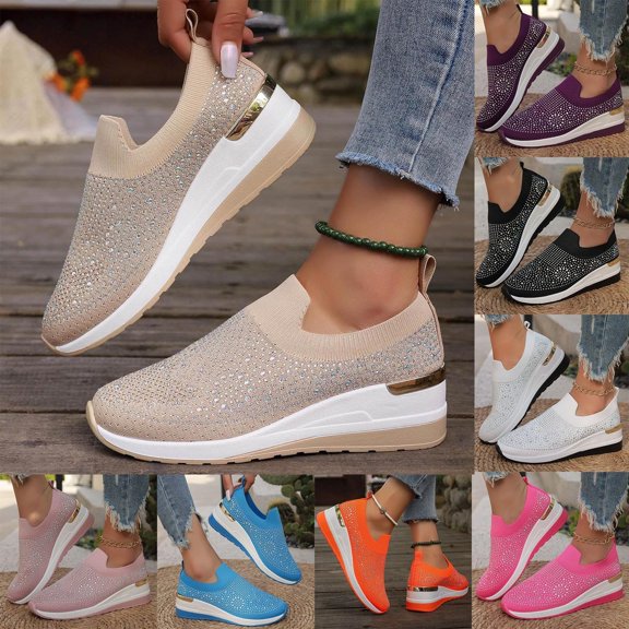 Women's Rhinestone Sock Slip On Wedge Platform Sneakers Breathable Knit Lightweight Non-Slip Fashion Casual Walking Shoes,37