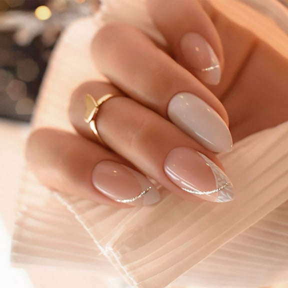 24pcs Almond French Tip False Nails With Glossy Finish And Glitters Stripe Designs on Nails for Party or Daily