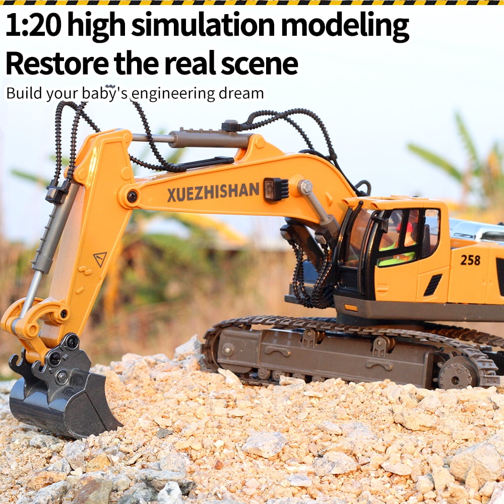 Ficcug Remote Control Excavator 11 Channel Rechargeable RC Truck Construction Tractor Car Toys with Alloy Shovel  / Lights / Sounds,Toy Gift for 3-5 4-7 8-12 Boys Girls Kids