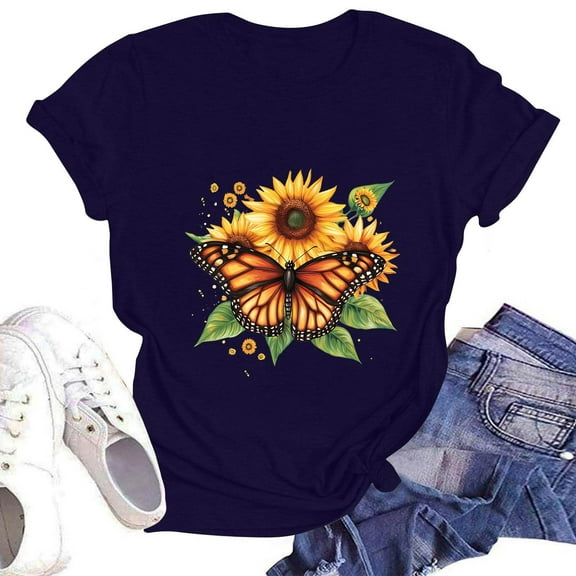 NAMTYQX Floral Tops for Women Short Sleeve Crewneck Baggys Cool Print Plus Size Light Grafisches Casual Women's Blouses Navy Size M