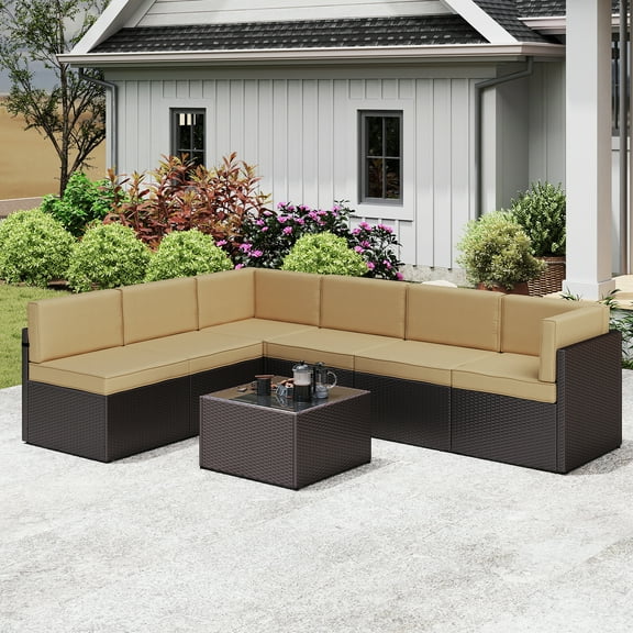 Kinbor 7pcs Outdoor Patio Furniture Set Pe Wicker Rattan Sofa Set Conversation Chair Sofa Khaki