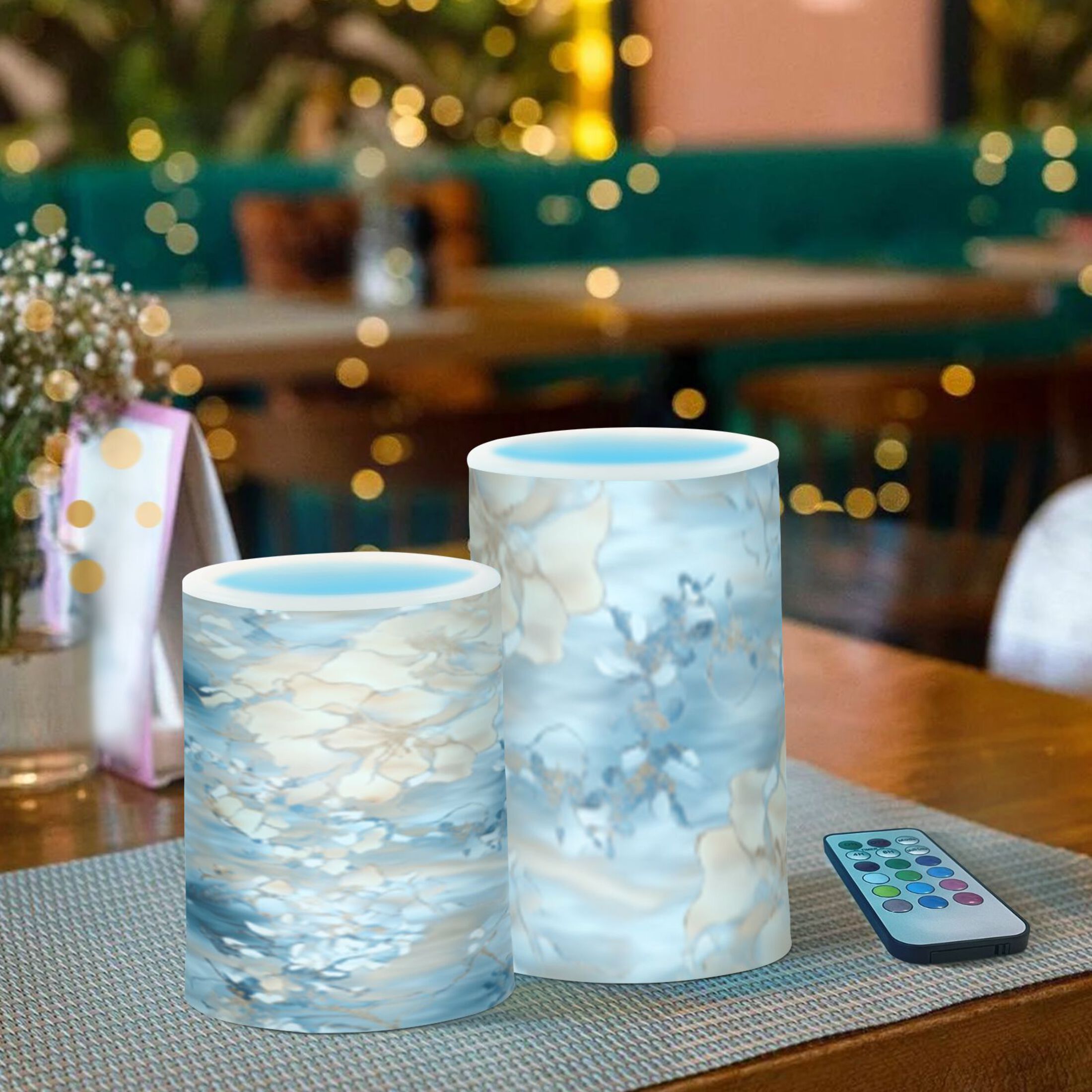 Blue and Beige Flower Flickering Flameless Candles Battery Operated with Remote Timer LED Pillar Candles Set of 2