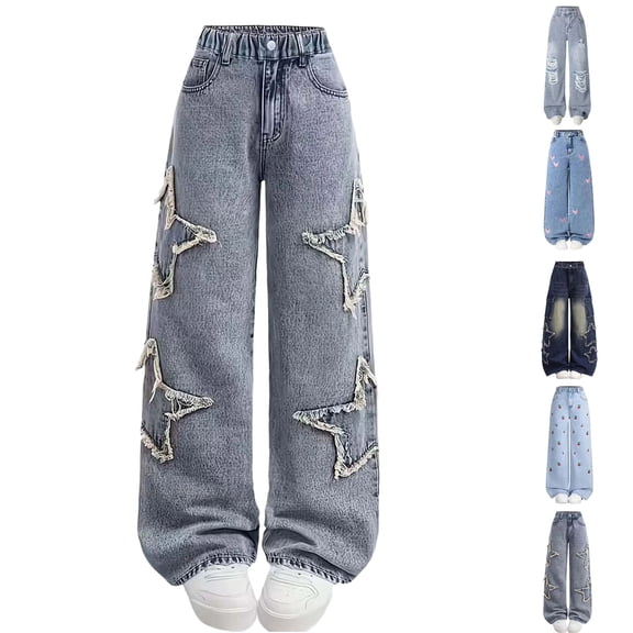 Frostluinai Y2K Wide Leg Jeans Girls' High Waist Stars Ripped Distressed Wash Denim Pants Baggy Retro Streetwear Jeans with Pocket 5-15Y